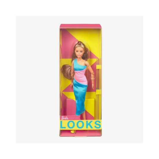 Picture of Mattel Barbie Signature Looks: Short Doll with Brunette Ponytail Turquoise/Pink Dress Model #15 (HJW82)