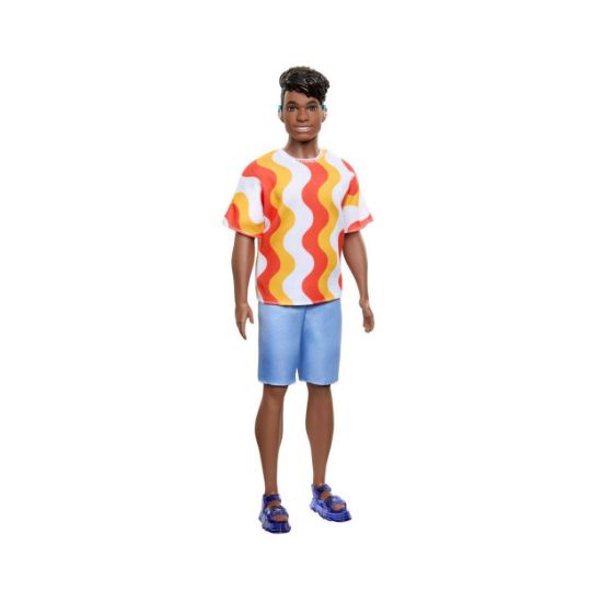 Picture of Mattel Barbie Ken Doll - Fashionistas #220 Dark Skin Doll with Behind the Ear Hearing Aids Wearing Orange Shirt & Jelly Shoes (HRH23)