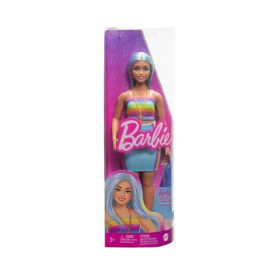 Picture of Mattel Barbie Doll - Fashionistas #218 Long Blue Hair Curvy Doll with Rainbow Top & Teal Skirt (HRH16)