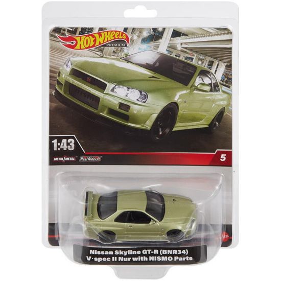 Picture of Mattel Hot Wheels: Premium Real Readers - Nissan Skyline GT-R (BNR34) V Spec II with Nismo Parts 1:43 (HMD47)
